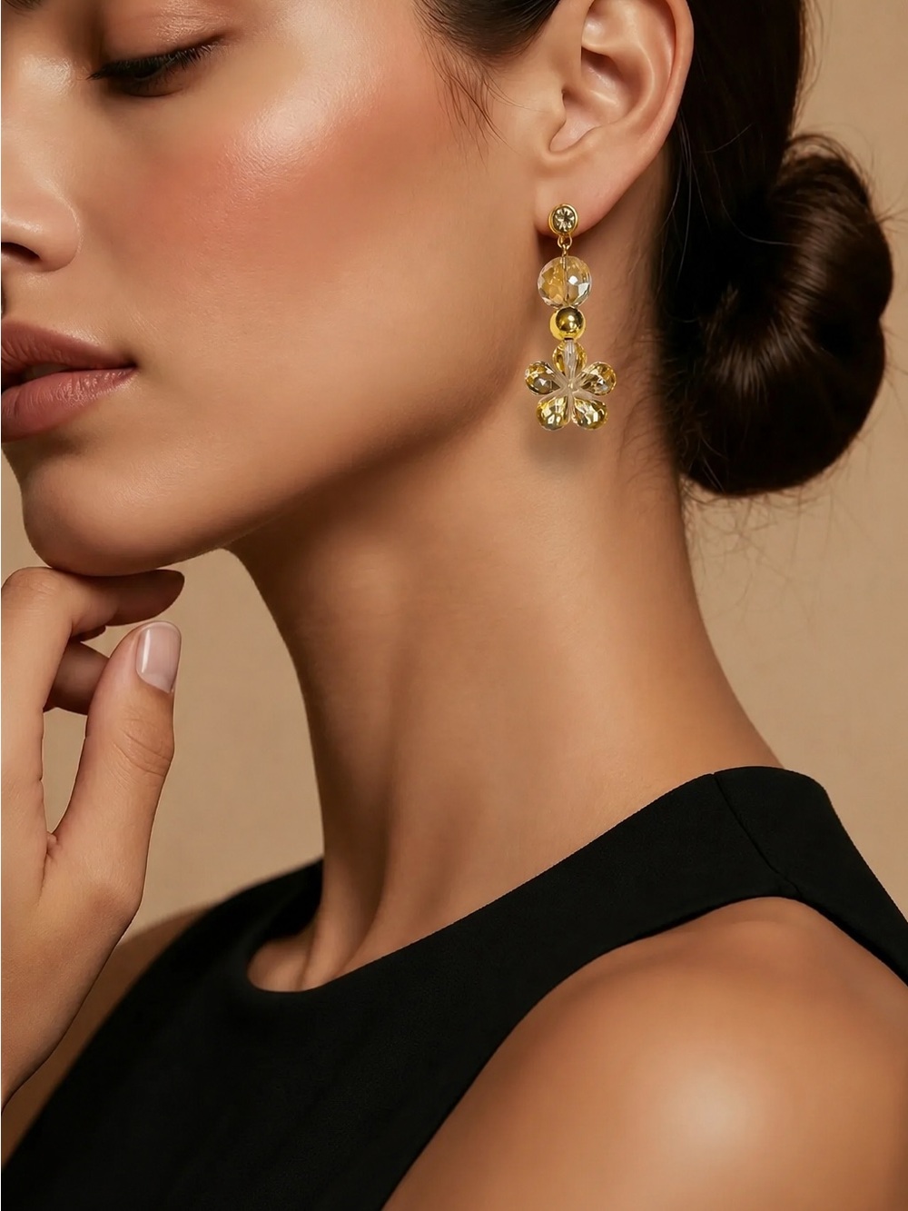 Handmade Gold Crystal Floral Drop Earrings - Elegant Women Jewelry